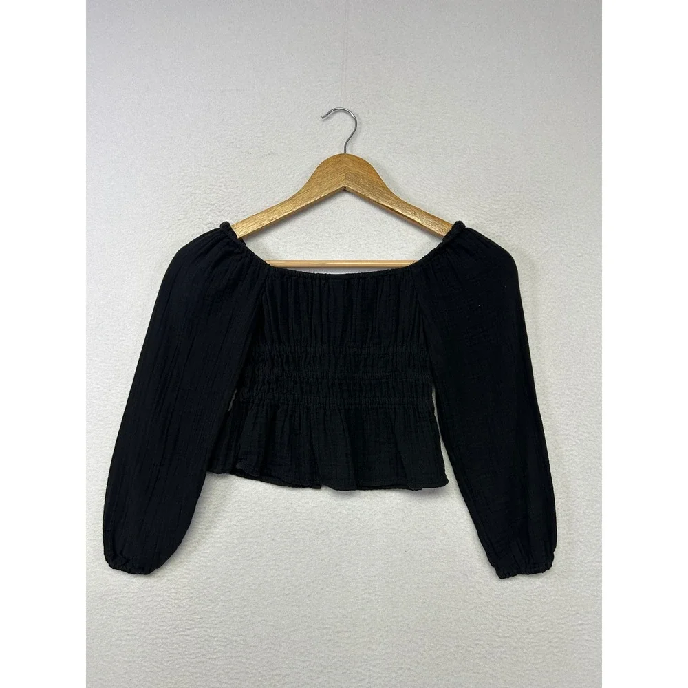 Boho Cottagecore Old Navy Girls S 6-7 Black Smocked Gauze Tie Front Peasant Top